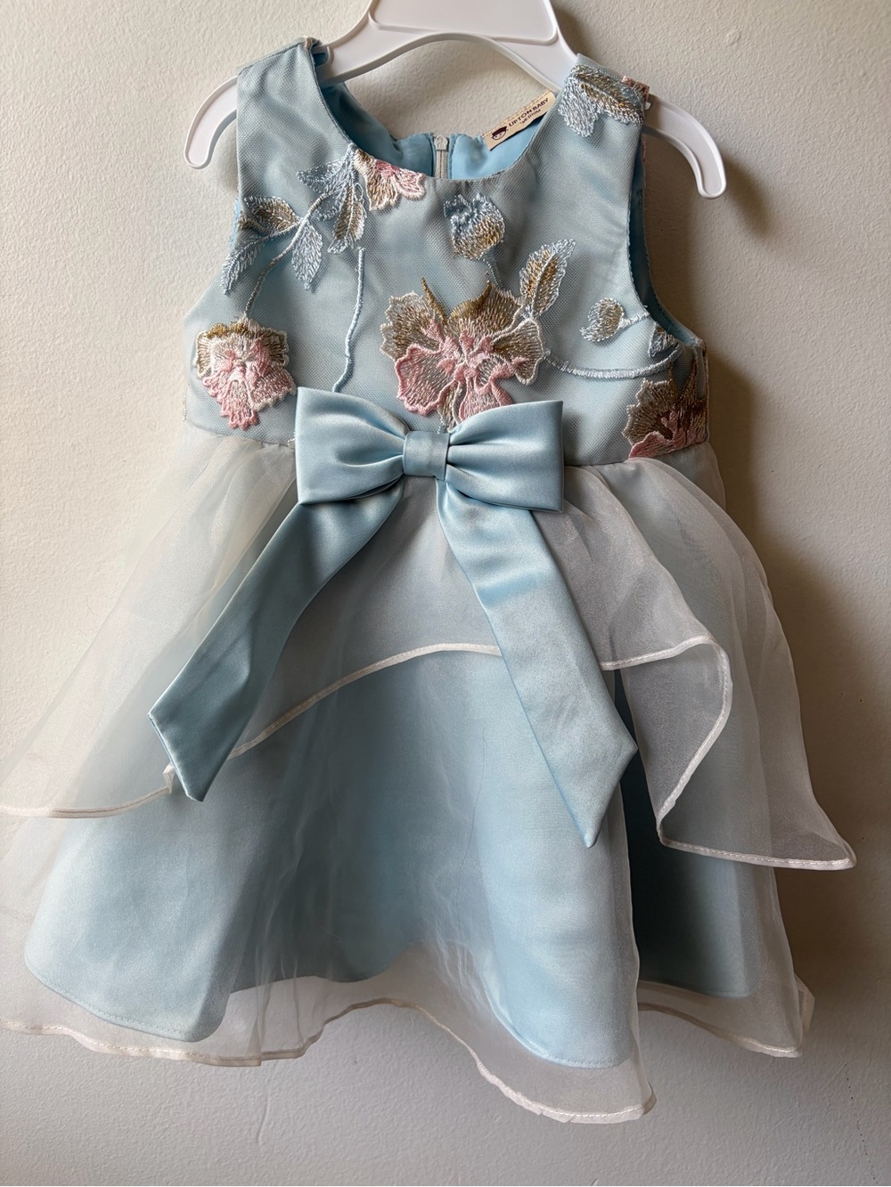 Baby Girls' Sky Blue Floral Embroidered Tulle Party Dress with Satin Bow